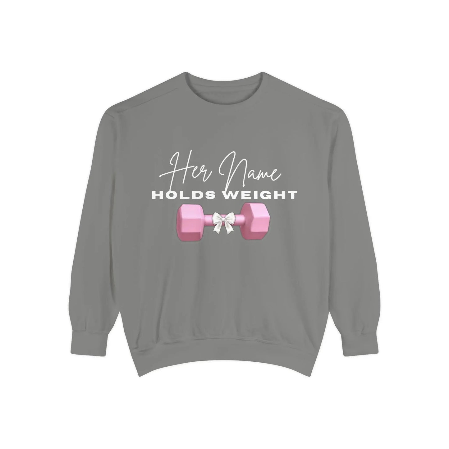 "Her Name Holds Weight" Pink Dumbbell Fitness Crewneck Sweatshirt Printify