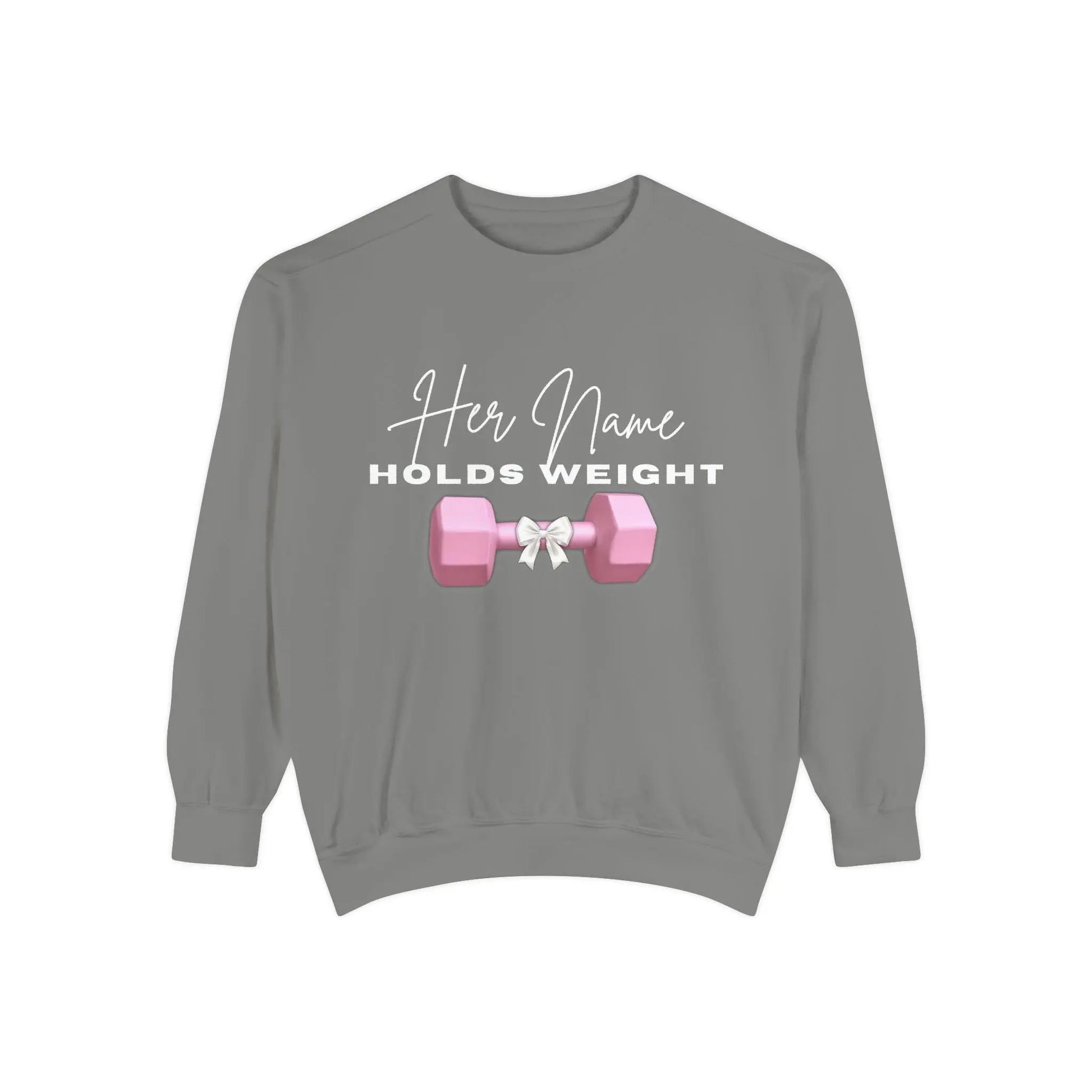 "Her Name Holds Weight" Pink Dumbbell Fitness Crewneck Sweatshirt Printify