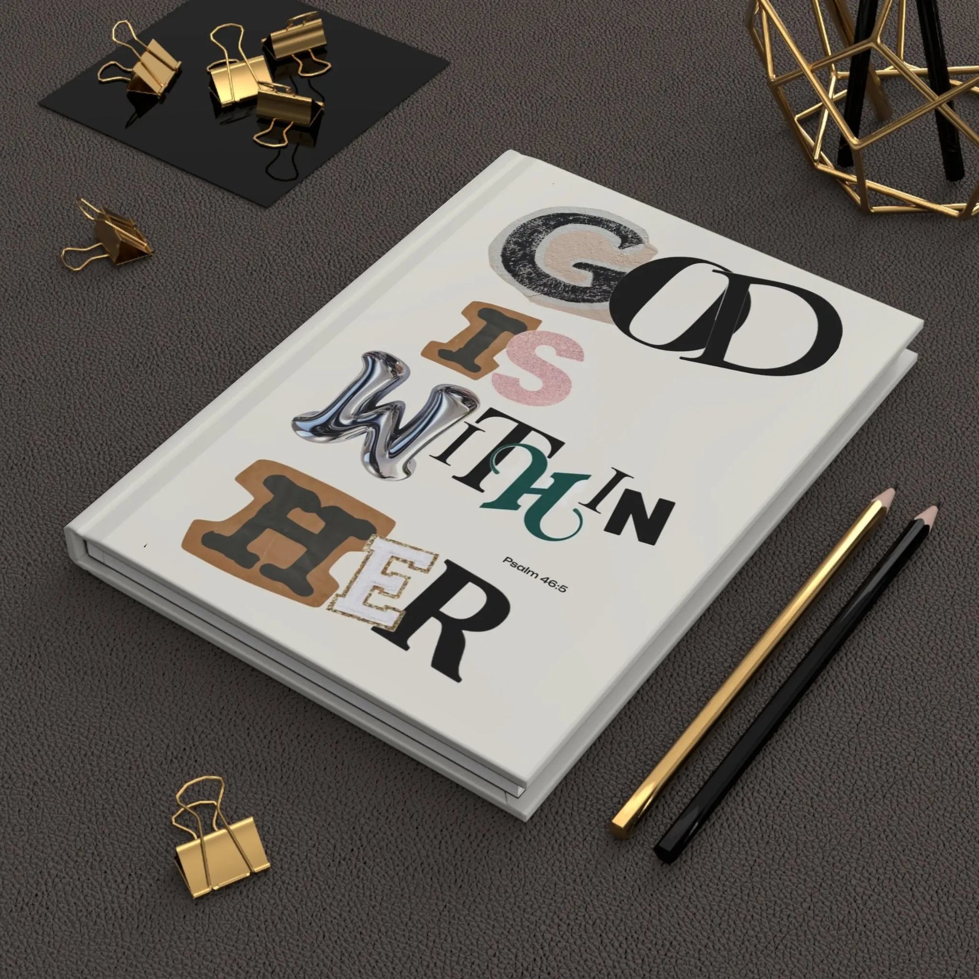 Hardcover Journal — "God Is Within Her" Inspirational Psalm 46:5 Faith Notebook Printify