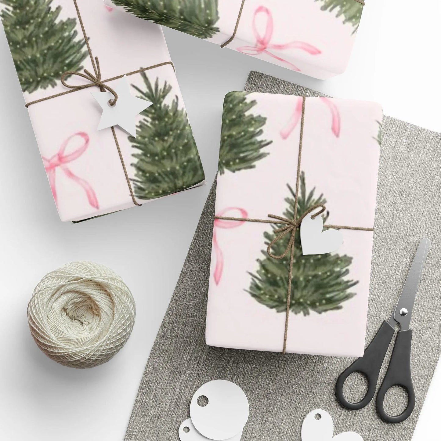 Christmas Wrapping Paper Roll — Pink Bows, Mini Trees & Star Cookies Holiday Gift Wrap Printify