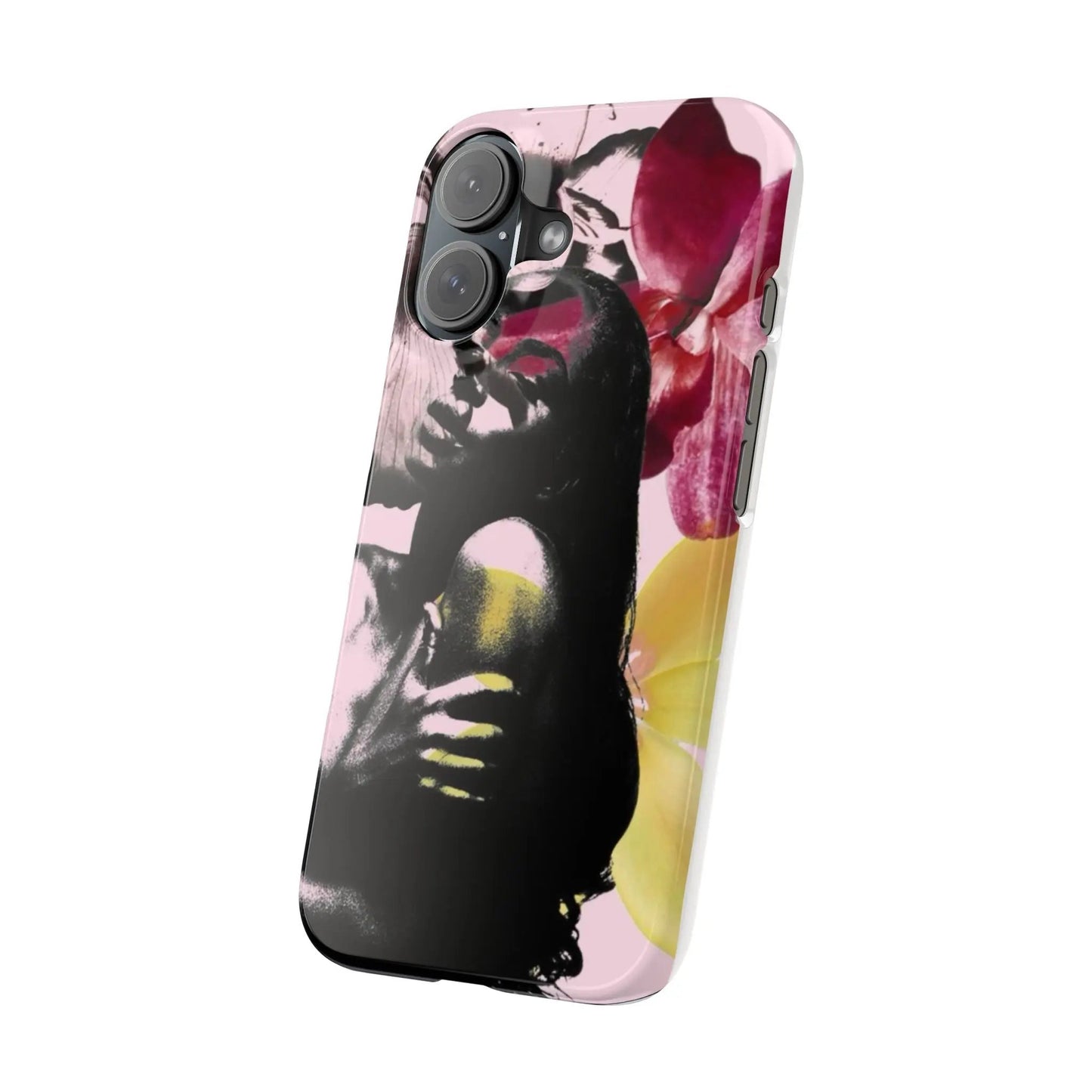 Floral Noir Slim iPhone16 Case — Artistic Woman Portrait with Pink & Yellow Orchids Printify