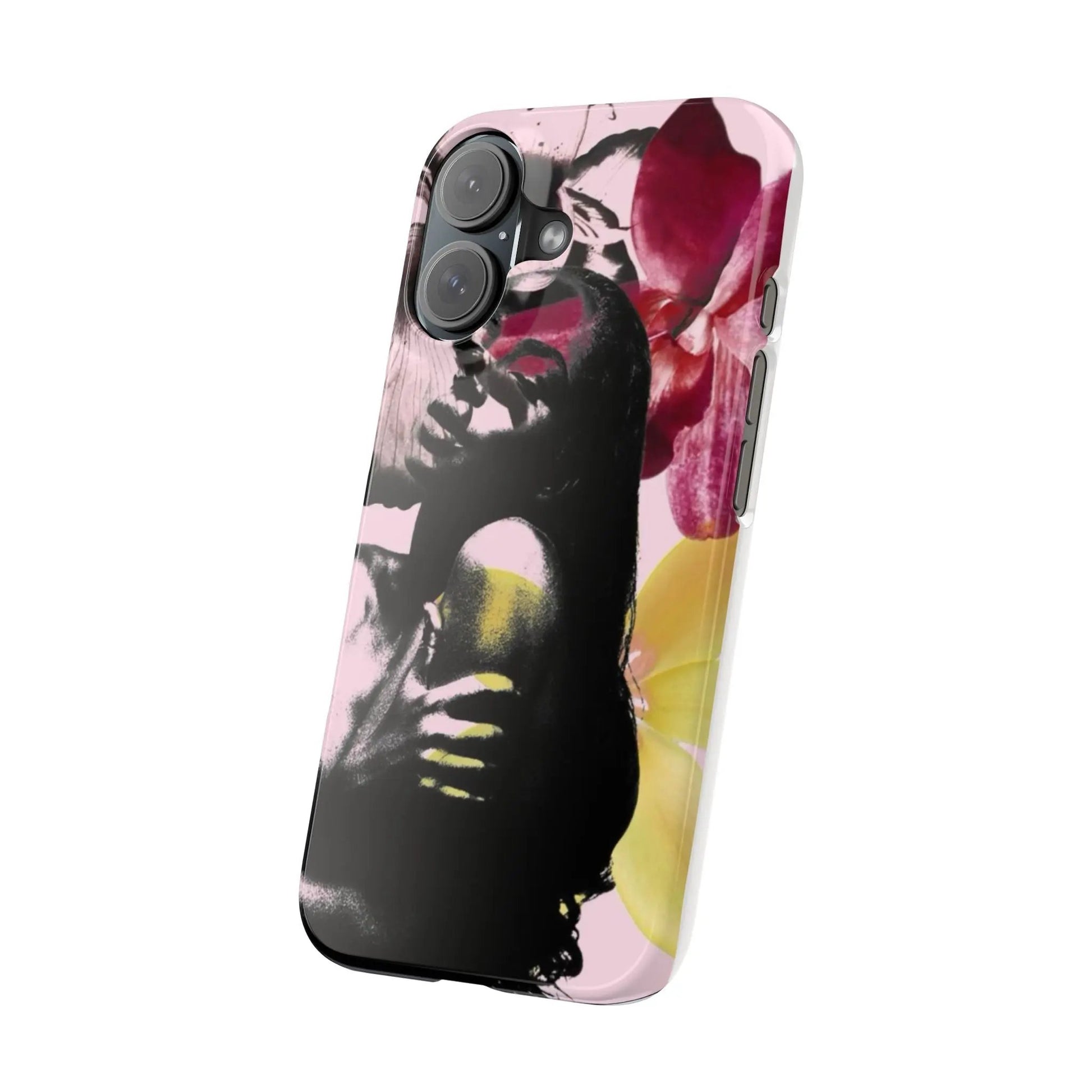 Floral Noir Slim iPhone16 Case — Artistic Woman Portrait with Pink & Yellow Orchids Printify
