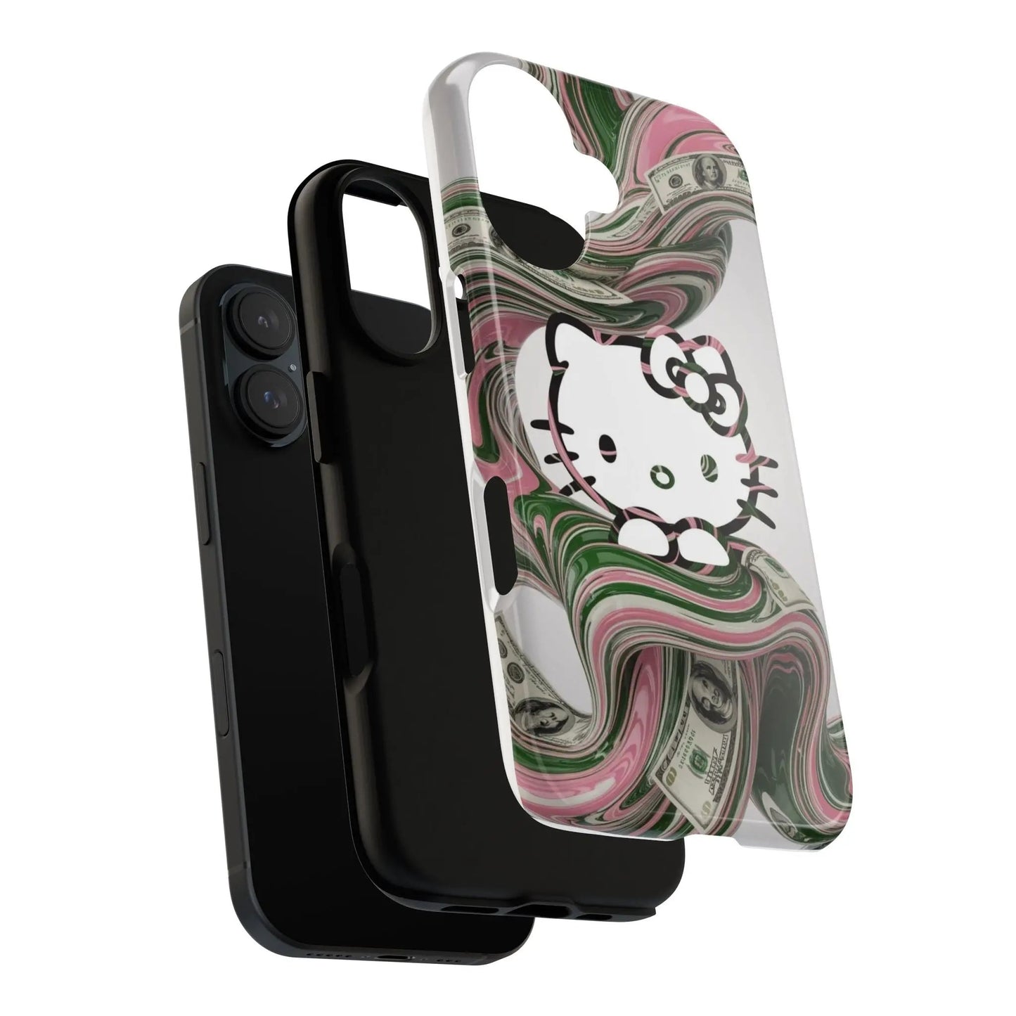 Hello Kitty Money Swirl Tough iPhone16 Case — Cute Pink & Green Protective Cover Printify