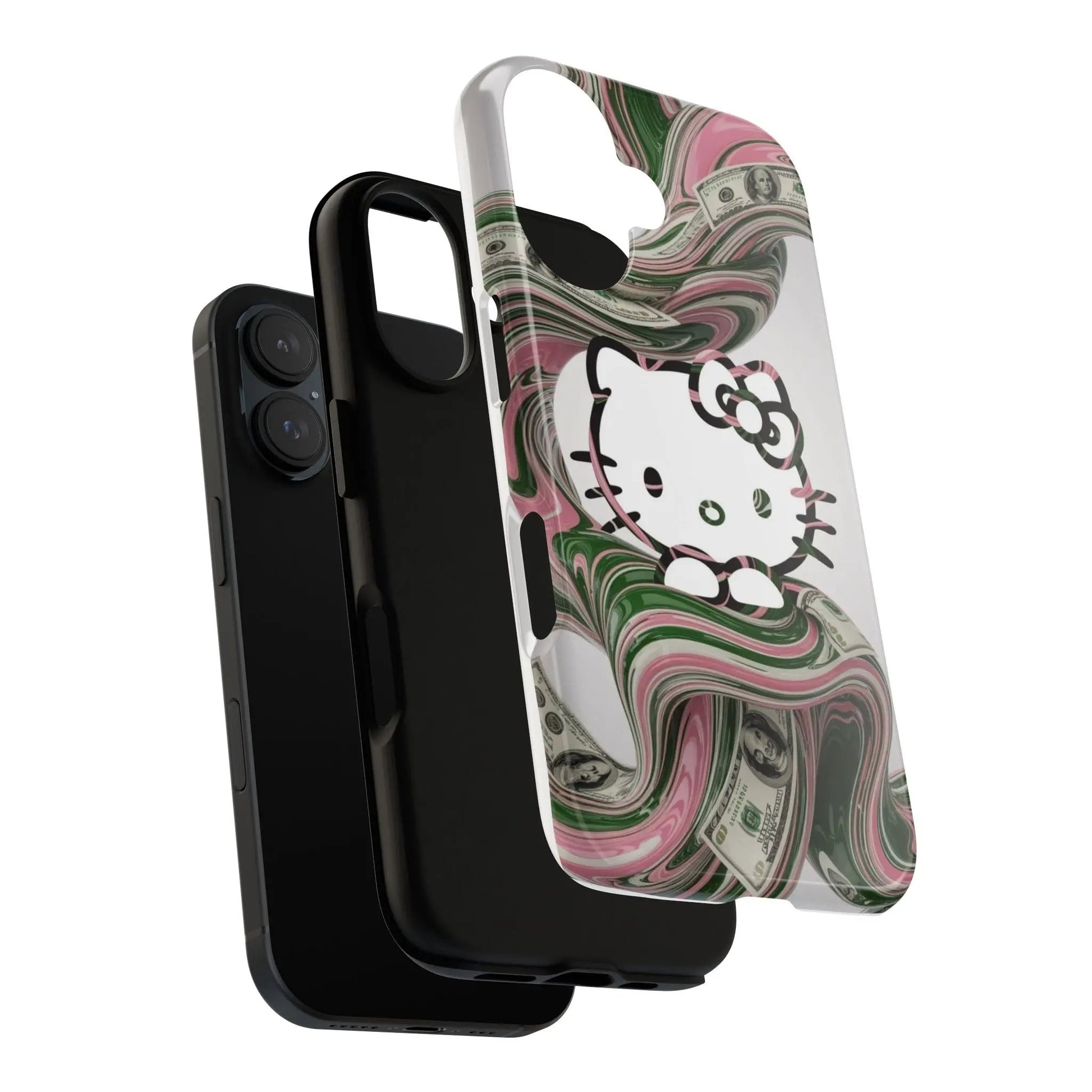 Hello Kitty Money Swirl Tough iPhone16 Case — Cute Pink & Green Protective Cover Printify