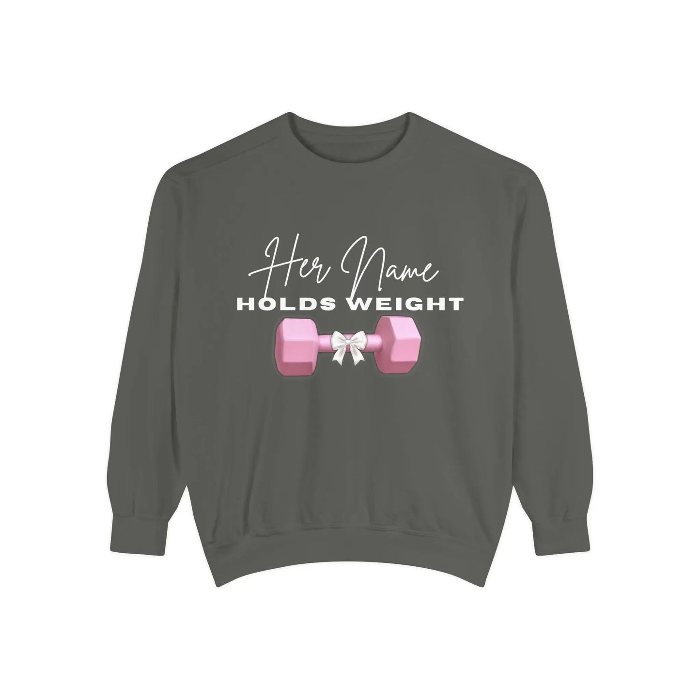 "Her Name Holds Weight" Pink Dumbbell Fitness Crewneck Sweatshirt Printify