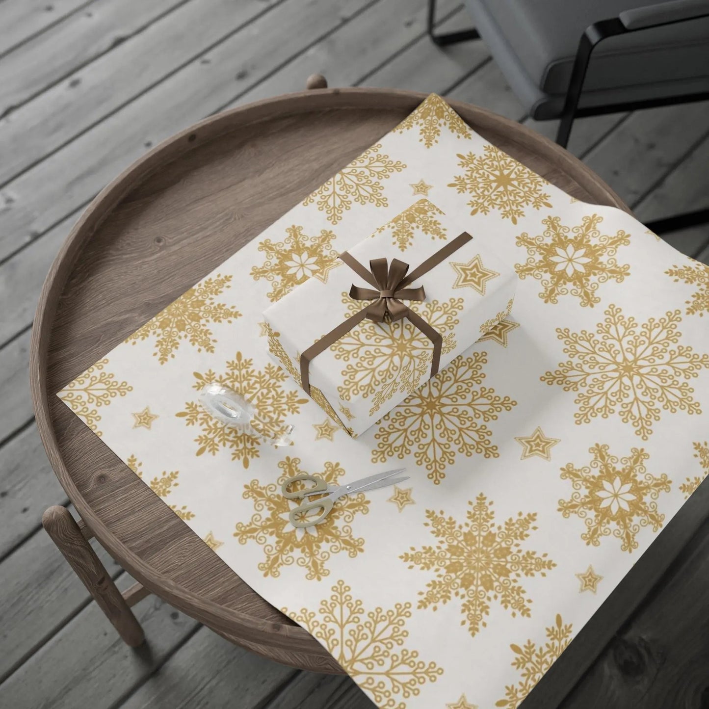 Gold Snowflake Wrapping Paper Roll — Elegant Holiday Gift Wrap Printify